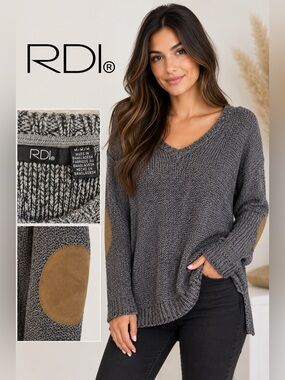 RDI V-Neck Pullover Sweater with Suede Elbow Patches Gray M